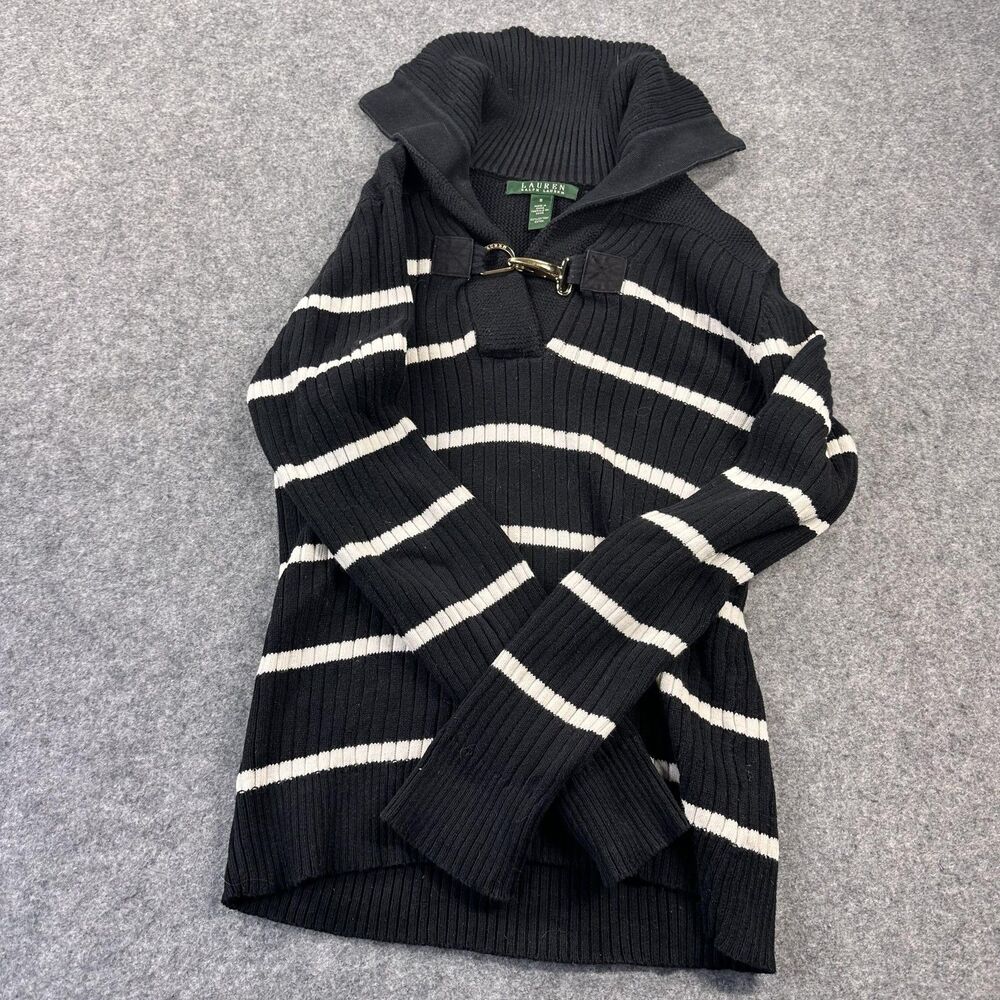 Lauren Ralph Lauren Sweater Womens Small Black Stripe Turtleneck Buckle Knit